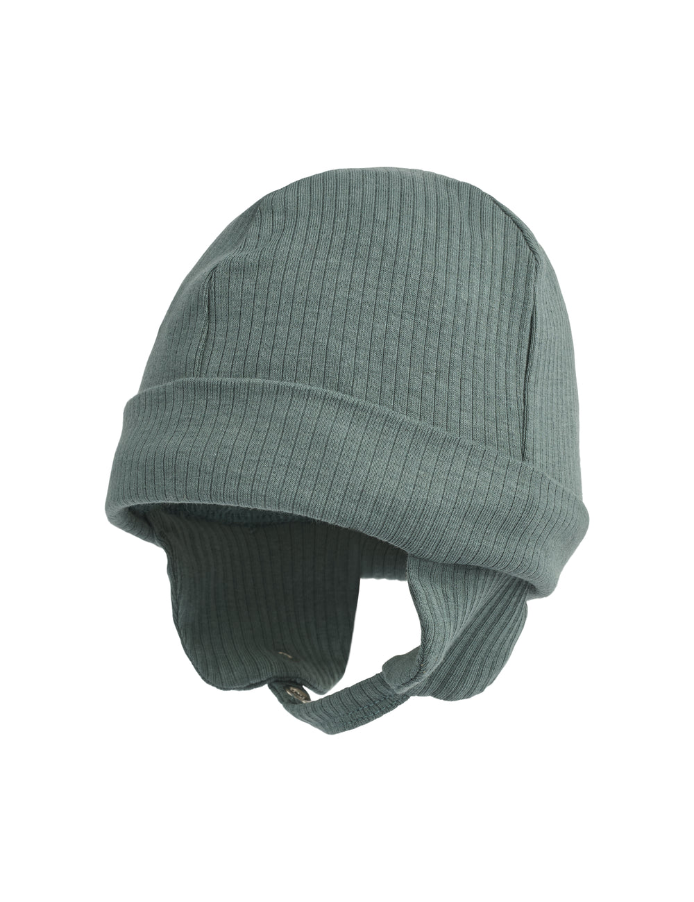 Ribbet grøn hue med ørebeskyttelse og hagerem til baby