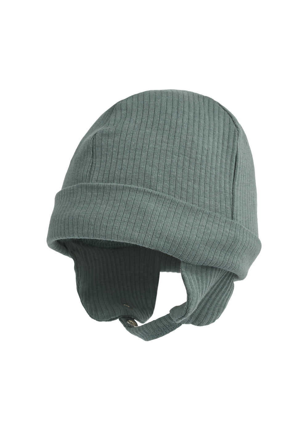 Ribbet grøn hue med ørebeskyttelse og hagerem til baby