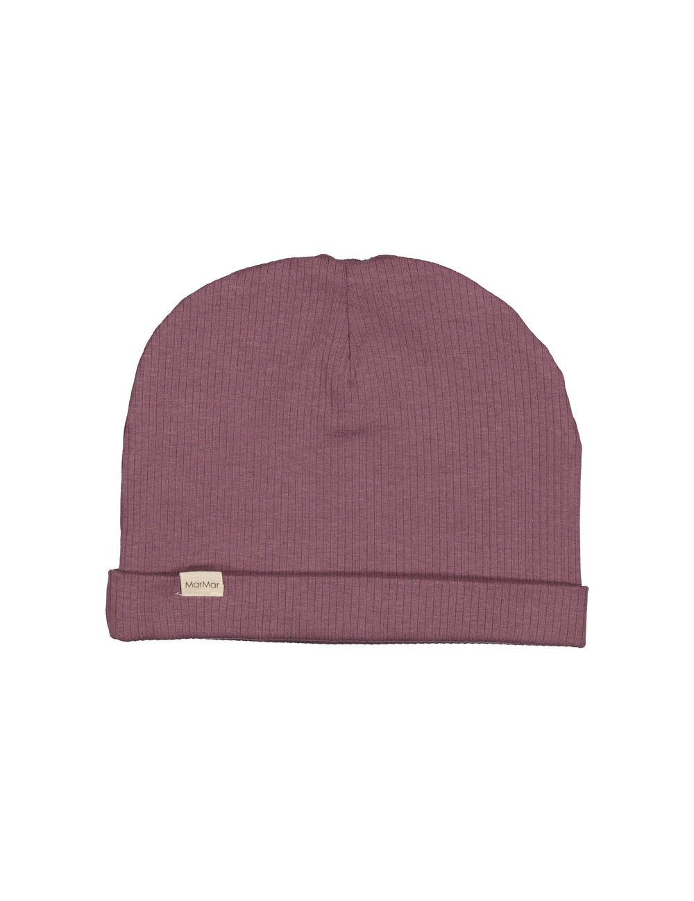 Ribbet lilla beanie til børn med lille mærke foran