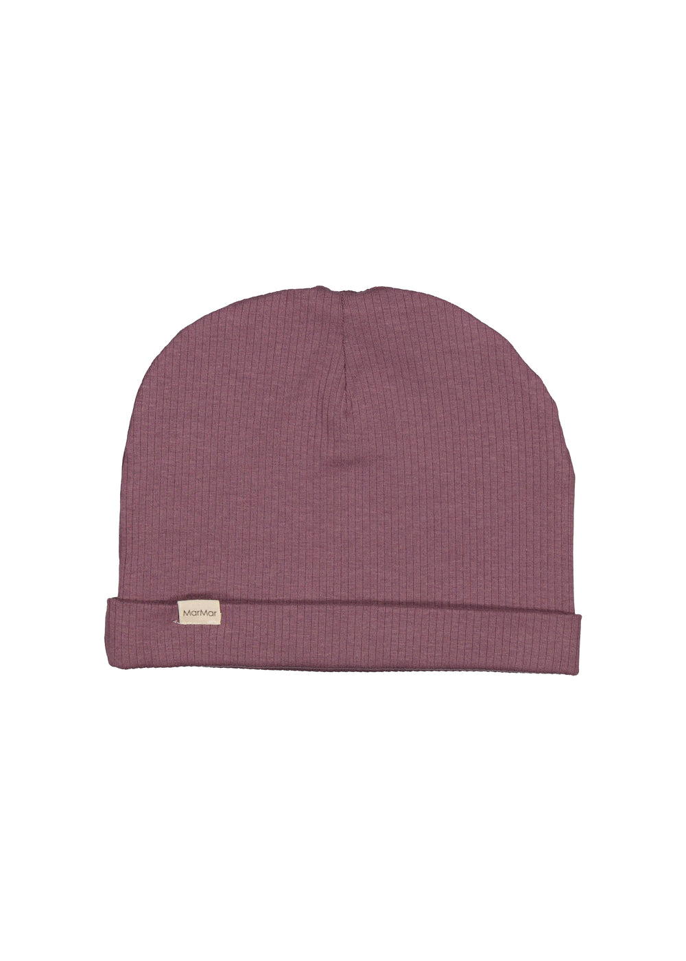 Ribbet lilla beanie til børn med lille mærke foran