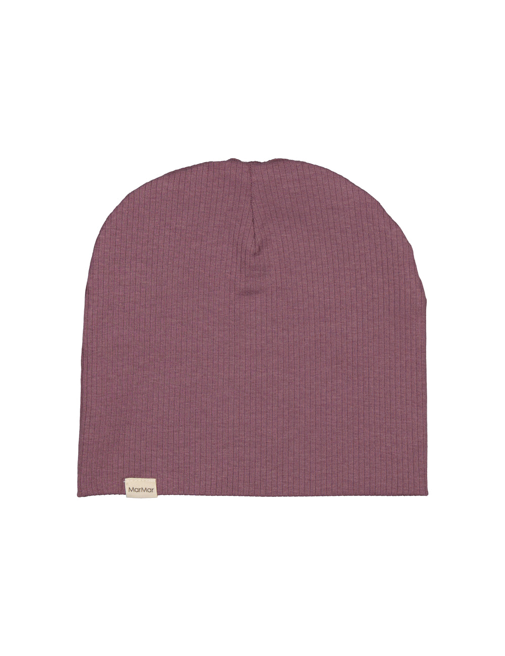 Ribbet lilla beanie til børn med lille mærke foran