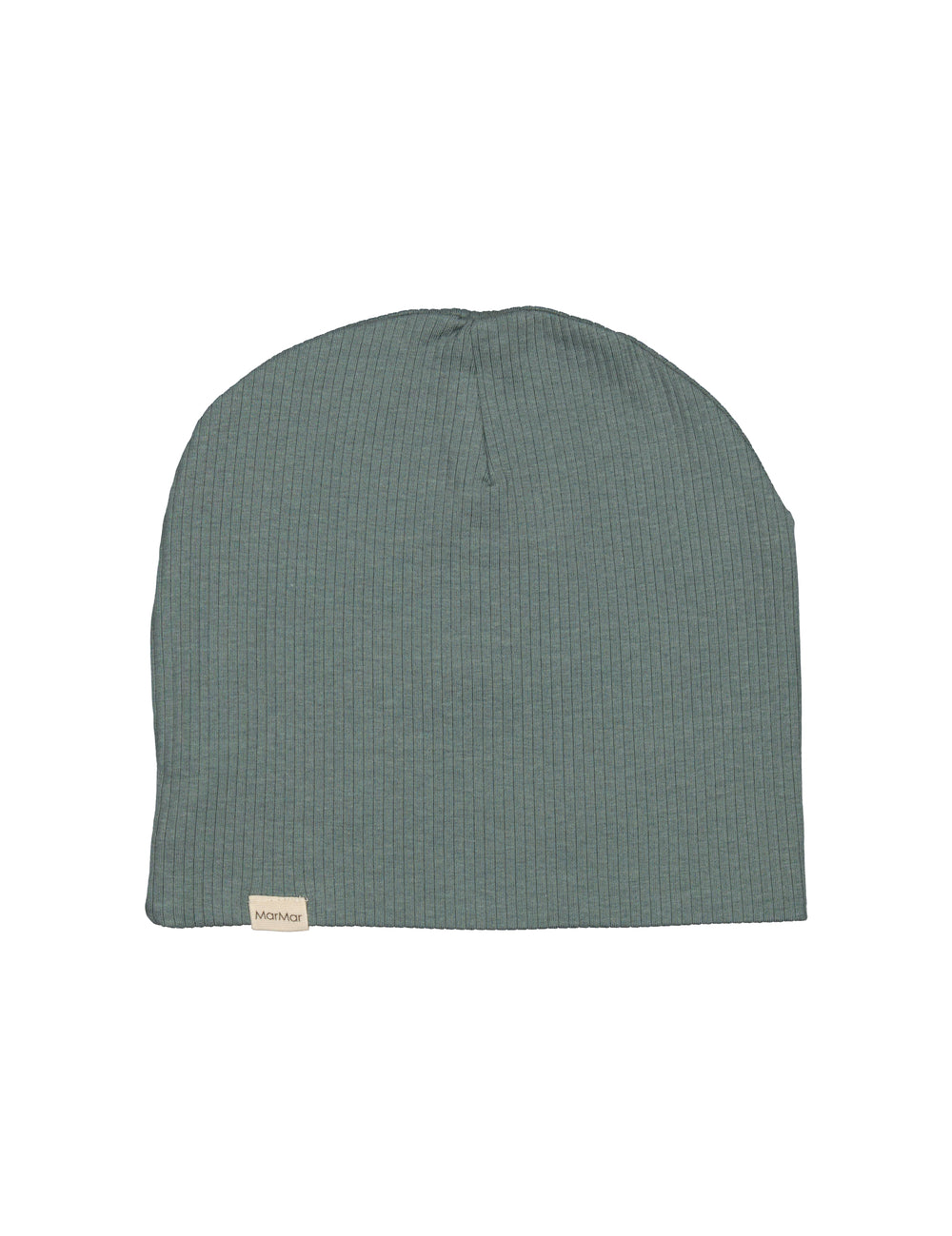 Ribbet mørkegrøn beanie til børn med lille mærke foran