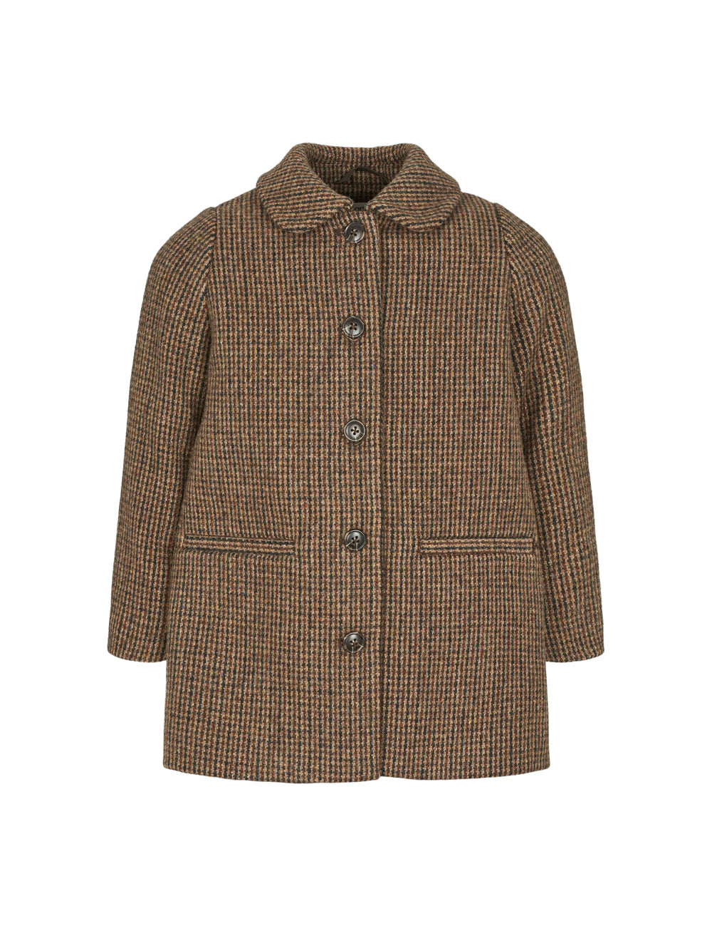 Brun ternet frakke til børn i uld med knapper og krave