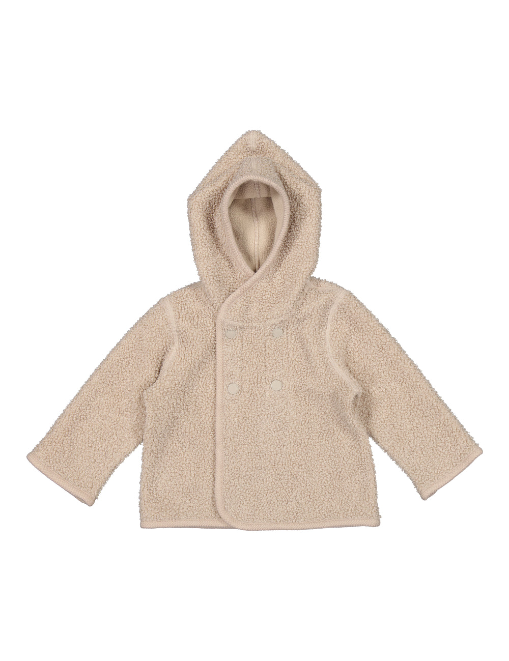 Beige hættejakke til børn i blødt teddy-stof, set bagfra