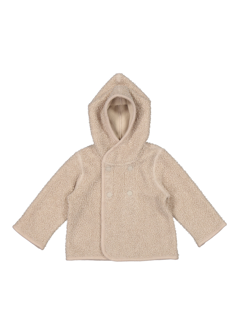 Beige teddyjakke til børn med hætte og knapper, set forfra