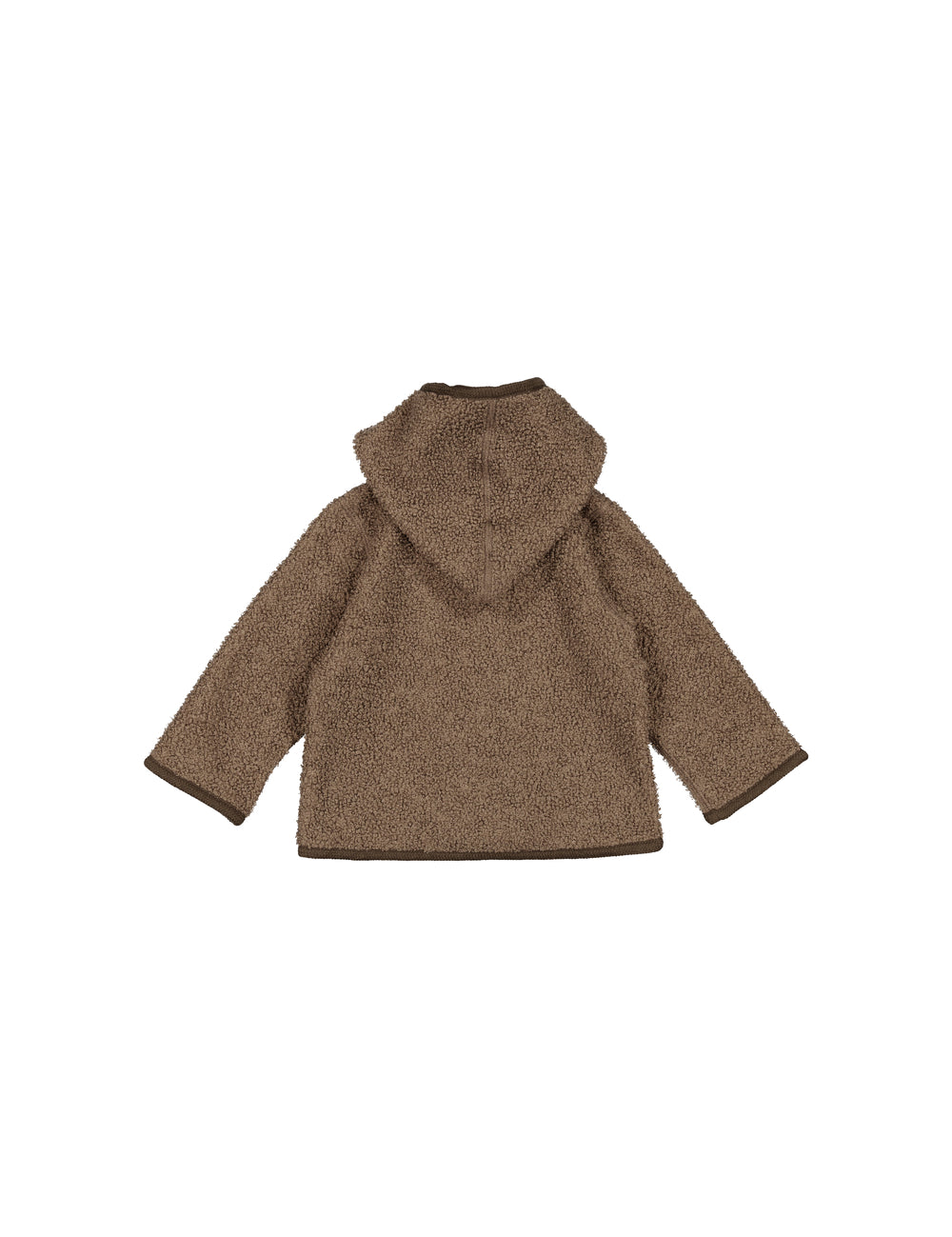 Brun hættejakke til børn i blød teddyfleece, set bagfra