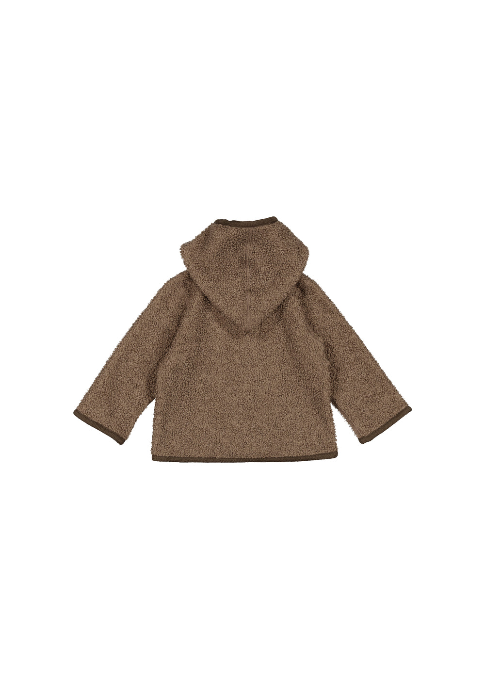 Brun hættejakke til børn i blød teddyfleece, set bagfra