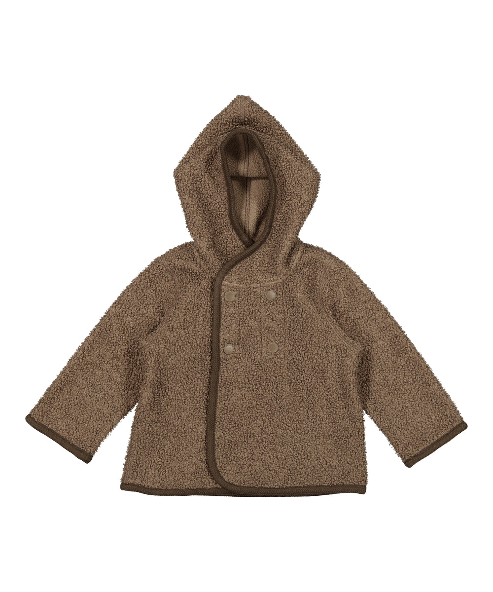 Brun teddyjakke til børn med hætte og knaplukning, set forfra