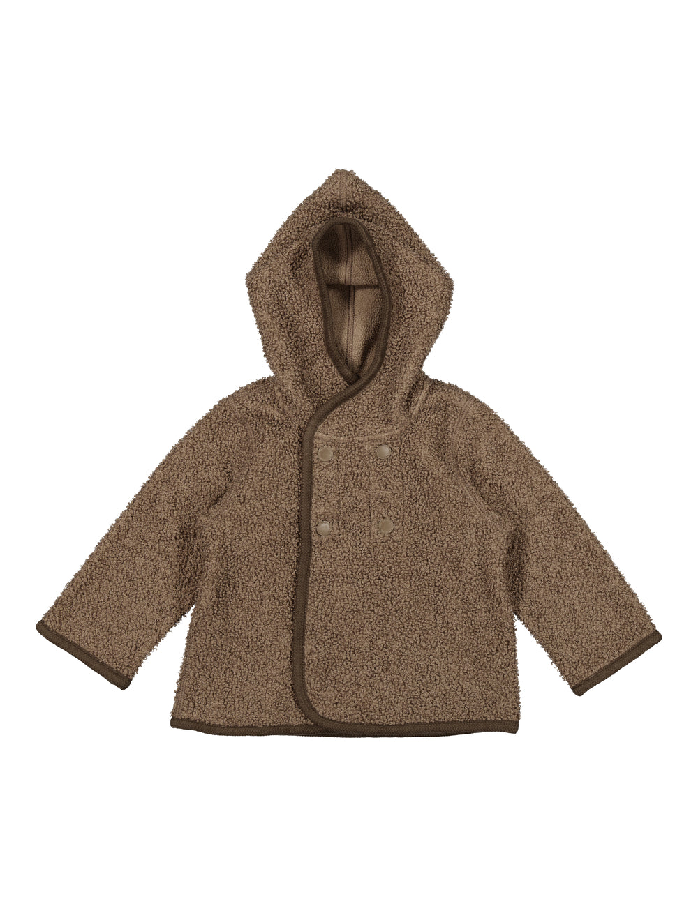 Brun hættejakke til børn i blød teddyfleece, set bagfra