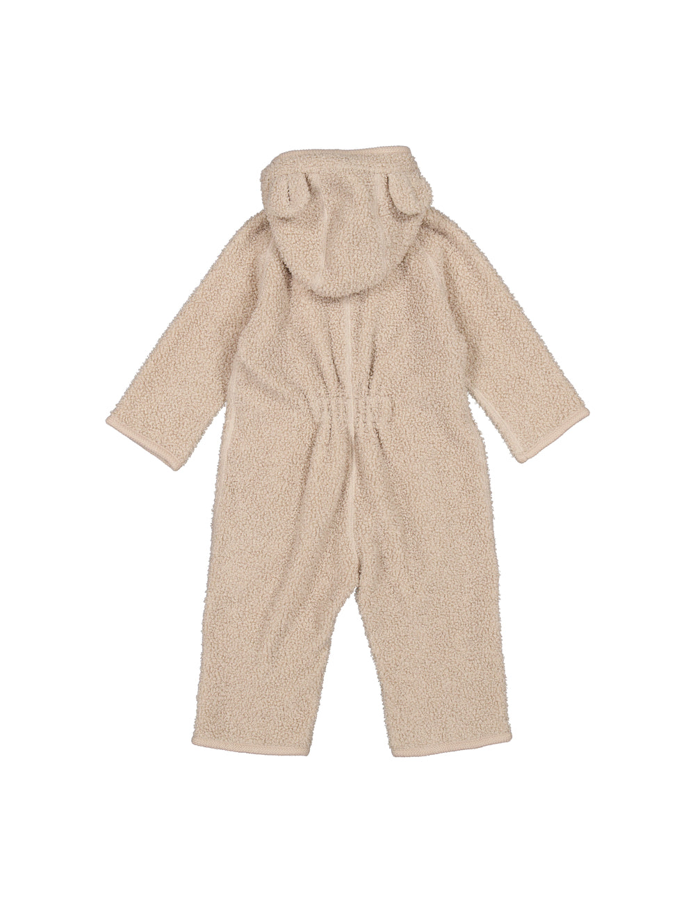 Lys heldragt til baby i blød teddyfleece med hætte og bindebånd