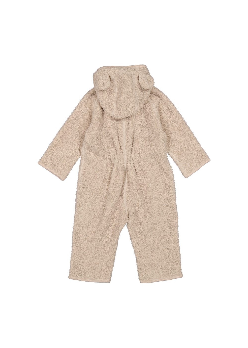 Lys heldragt til baby i blød teddyfleece med hætte og bindebånd