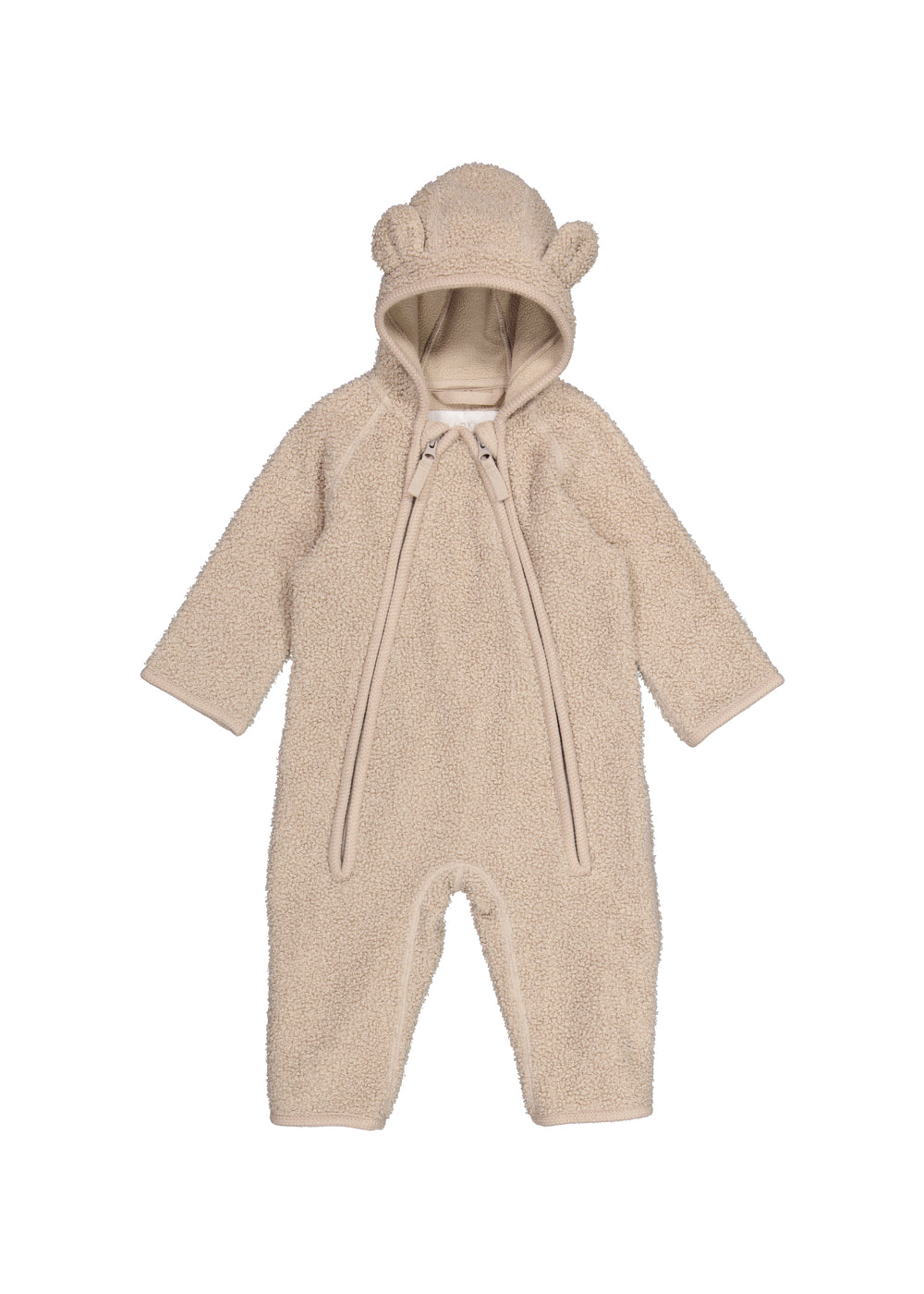 Lys beige teddyheldragt til baby med hætte og bjørneører, set forfra