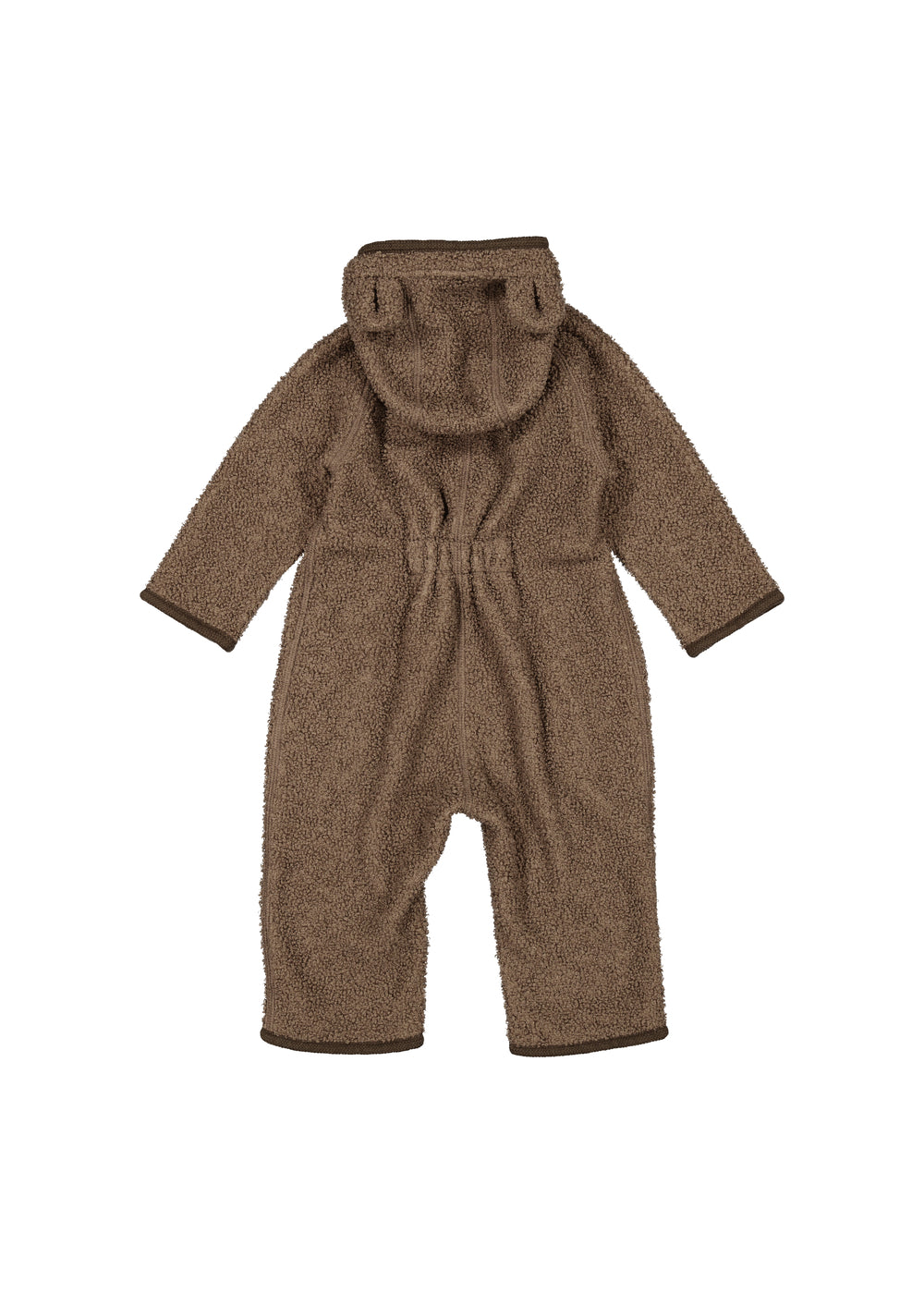 Brun teddyheldragt til baby, set bagfra med hætte og lange ører