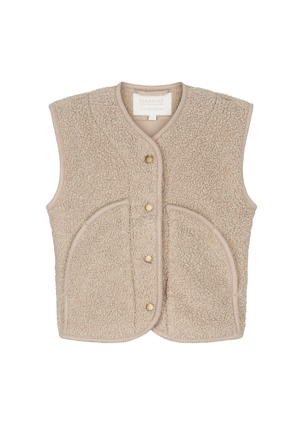Lys beige teddyvest til børn med knapper og store buede lommer