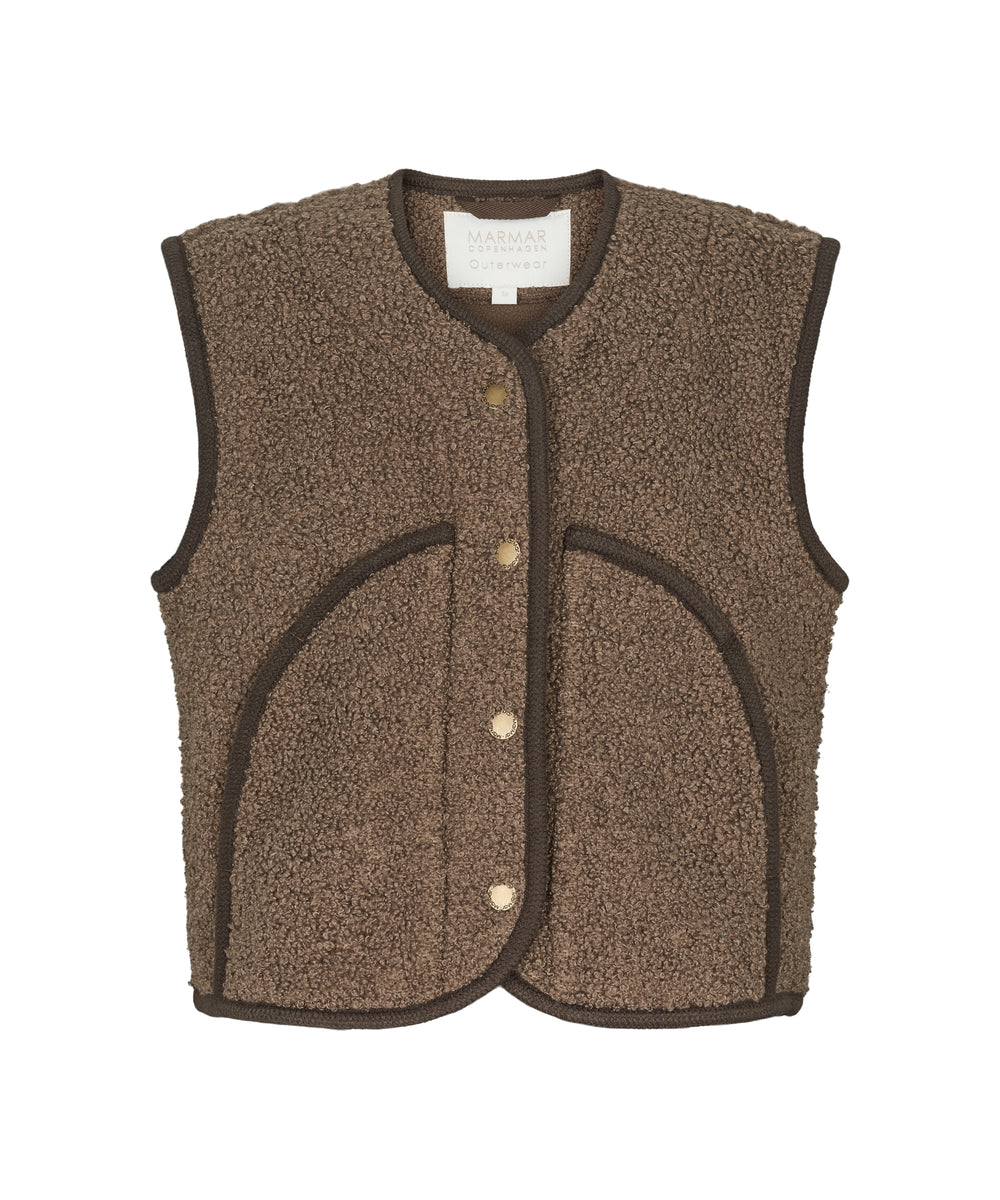 Brun teddyvest til børn med trykknapper og buede lommer foran