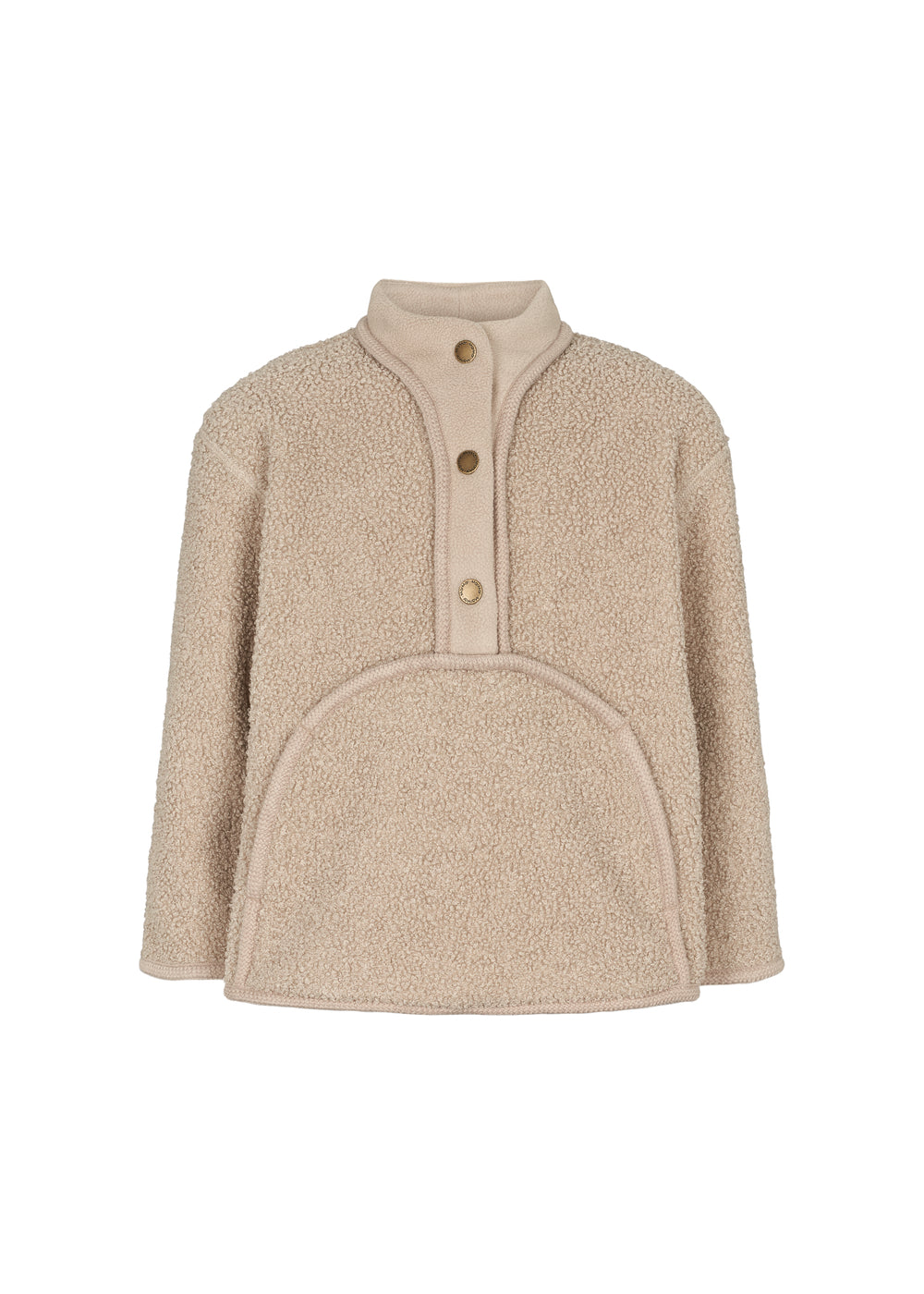 Beige teddytrøje til børn med knapper og stor buet forlomme foran