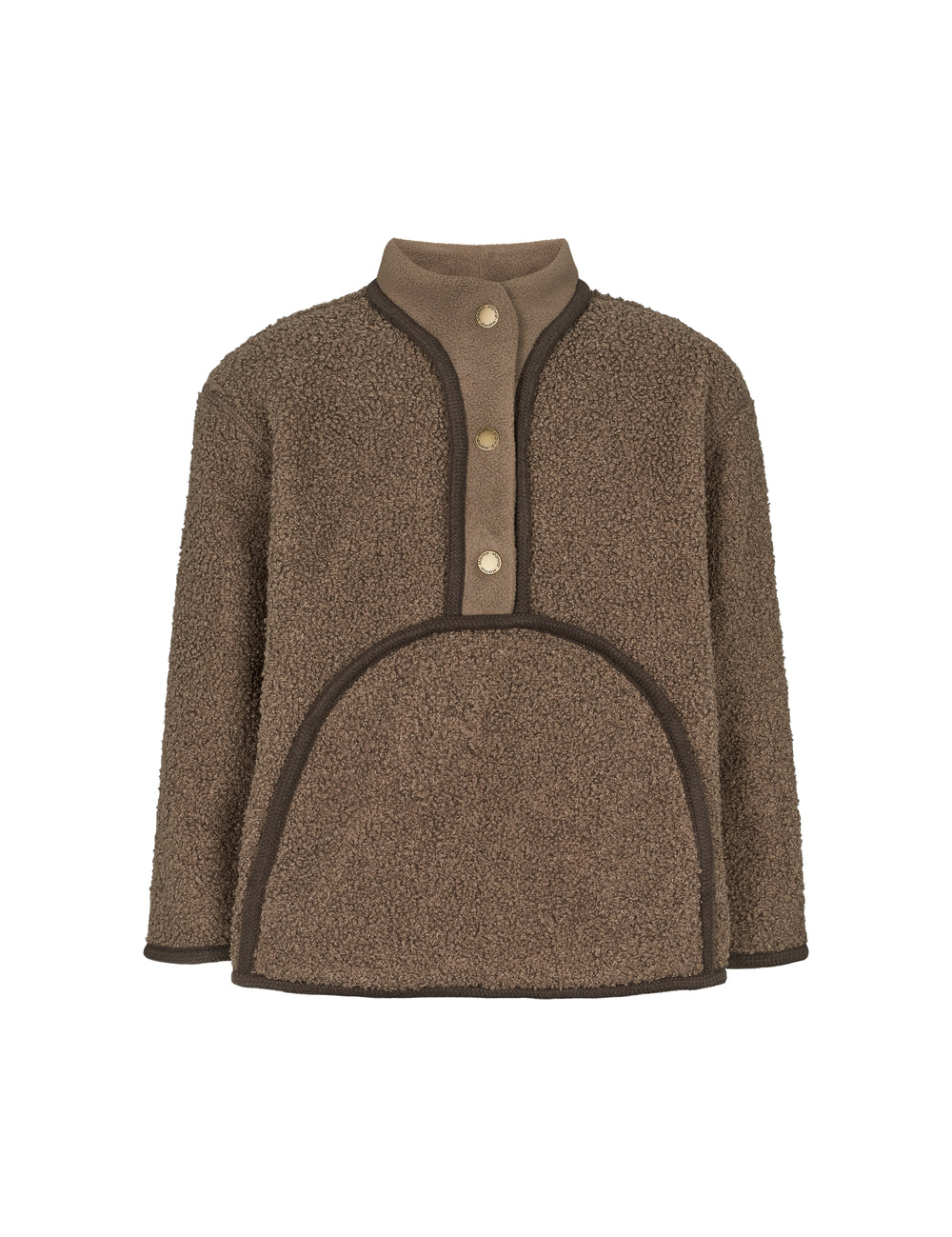 Bagfra-visning af brun teddytrøje til børn med lange ærmer og høj hals