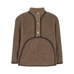 Brun teddytrøje til børn med knapper og stor buet forlomme foran