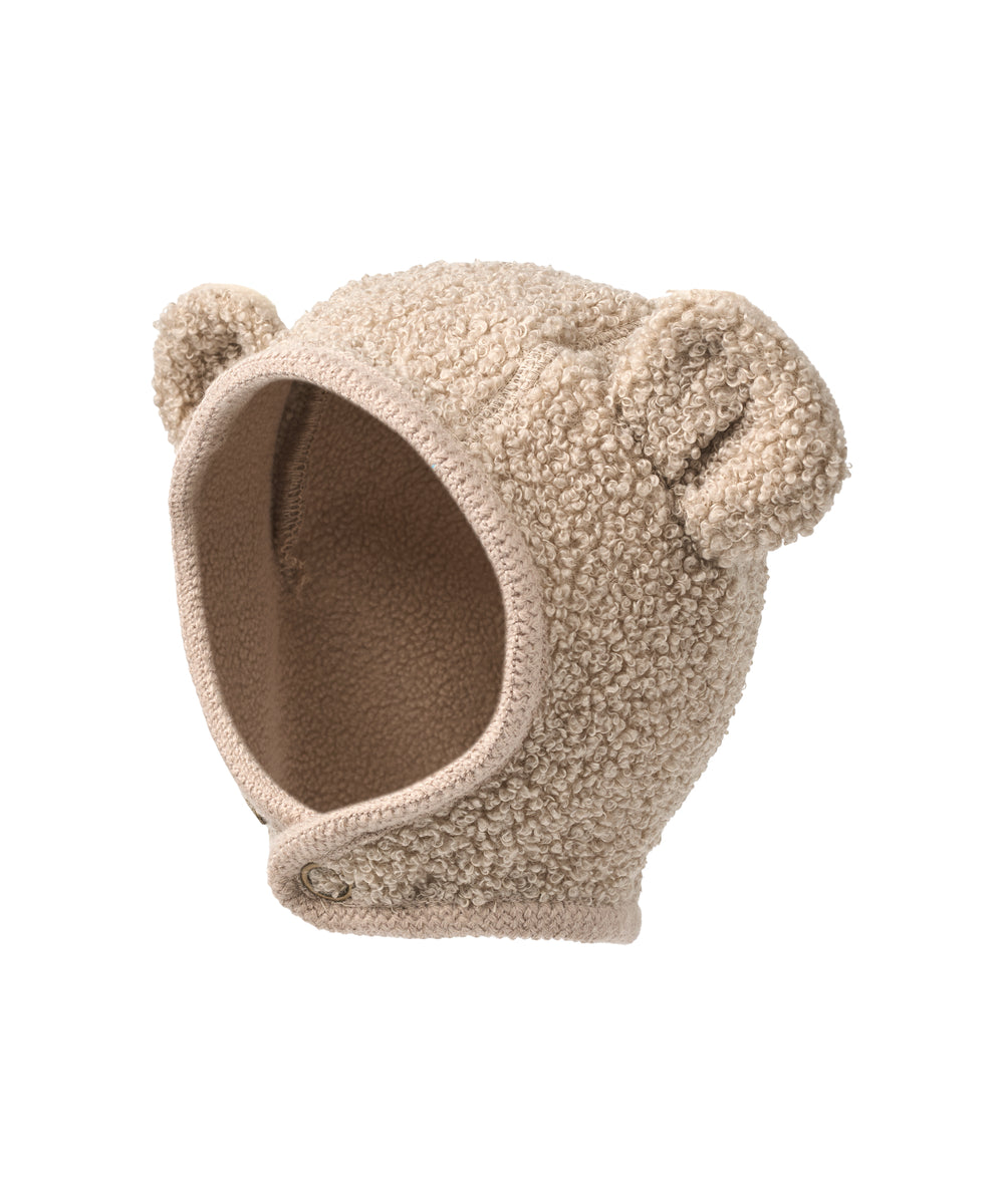 Lys beige elefanthue til børn i teddyfleece med bjørneører og rund åbning