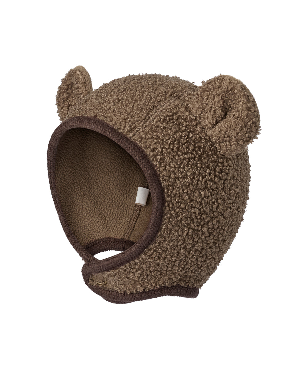 Brun elefanthue til børn i teddyfleece med bjørneører og mørk kant