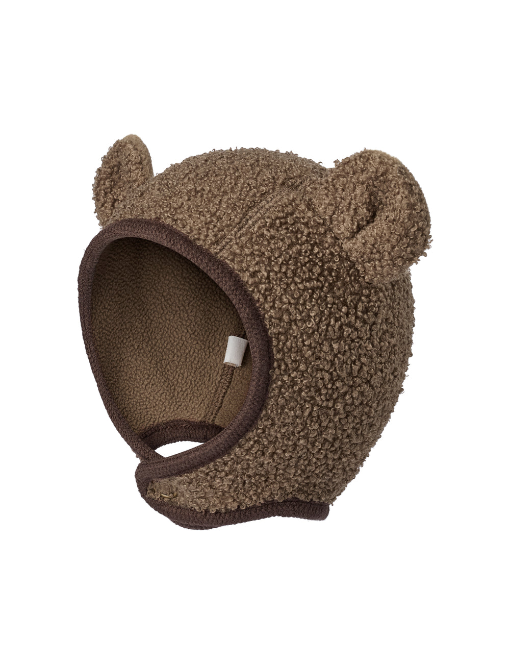 Brun elefanthue til børn i teddyfleece med bjørneører og mørk kant.