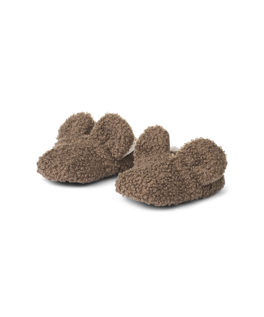 Brune futter til børn i teddyfleece med ører og elastik ved anklen