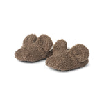 Brune futter til børn i teddyfleece med ører og elastik ved anklen