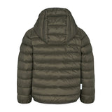 Mørkegrøn vatteret jakke til børn med hætte og lynlås