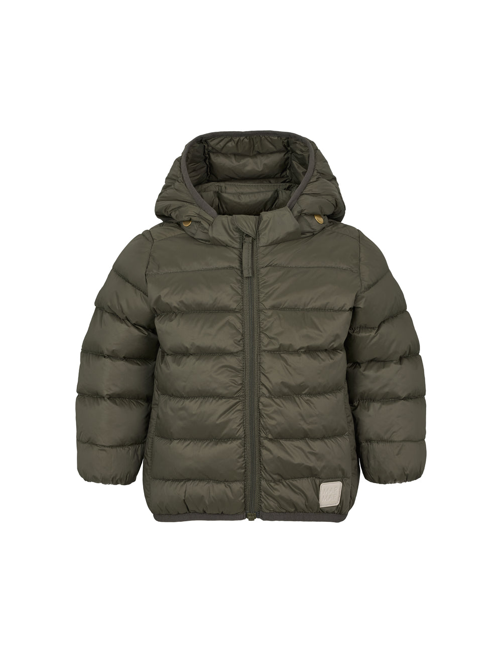 Mørkegrøn vatteret jakke til børn med hætte og lynlås