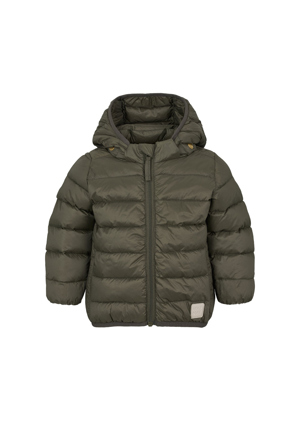 Mørkegrøn vatteret jakke til børn med hætte og lynlås