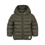 Mørkegrøn vatteret jakke til børn med hætte og lynlås
