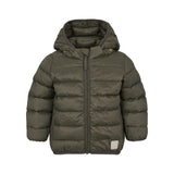 Mørkegrøn vatteret jakke til børn med hætte og lynlås