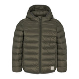 Mørkegrøn vatteret jakke til børn med hætte og lynlås