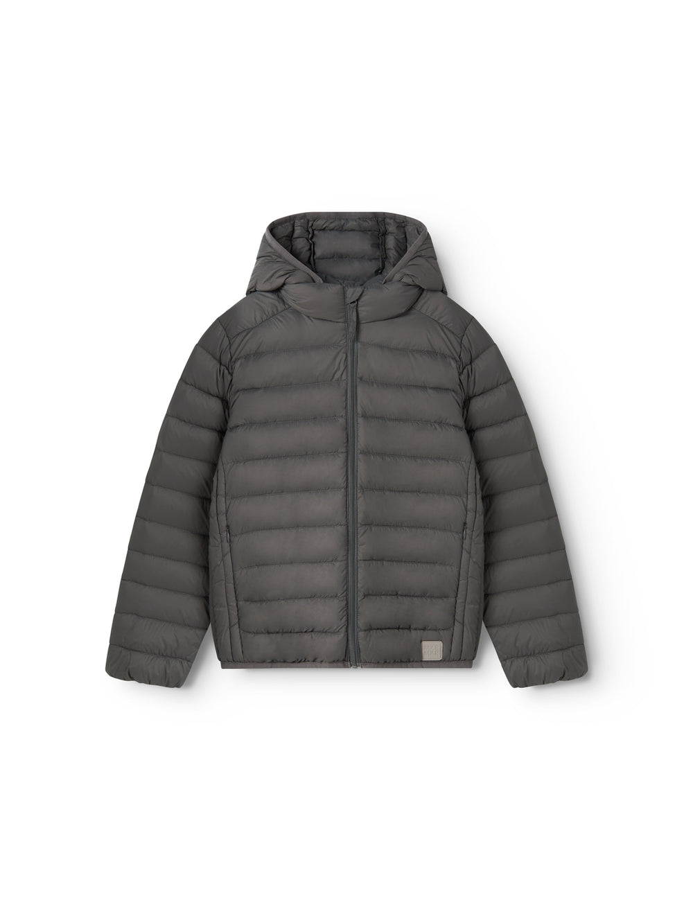 Lynlås detalje på mørkegrå vatteret jakke