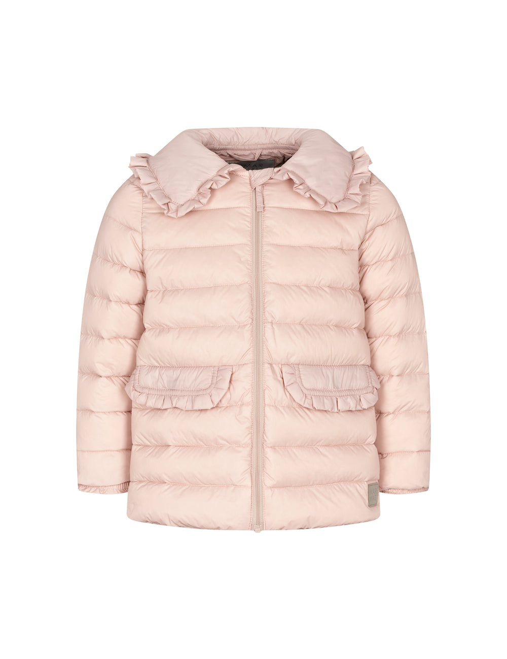 Lyserød vatteret jakke til børn med flæsekrave og lommer
