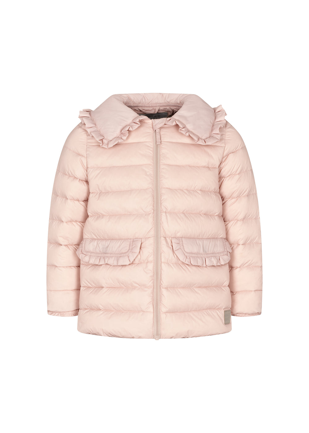 Lyserød vatteret jakke til børn med flæsekrave og lommer