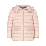 Lyserød vatteret jakke til børn med flæsekrave og lommer