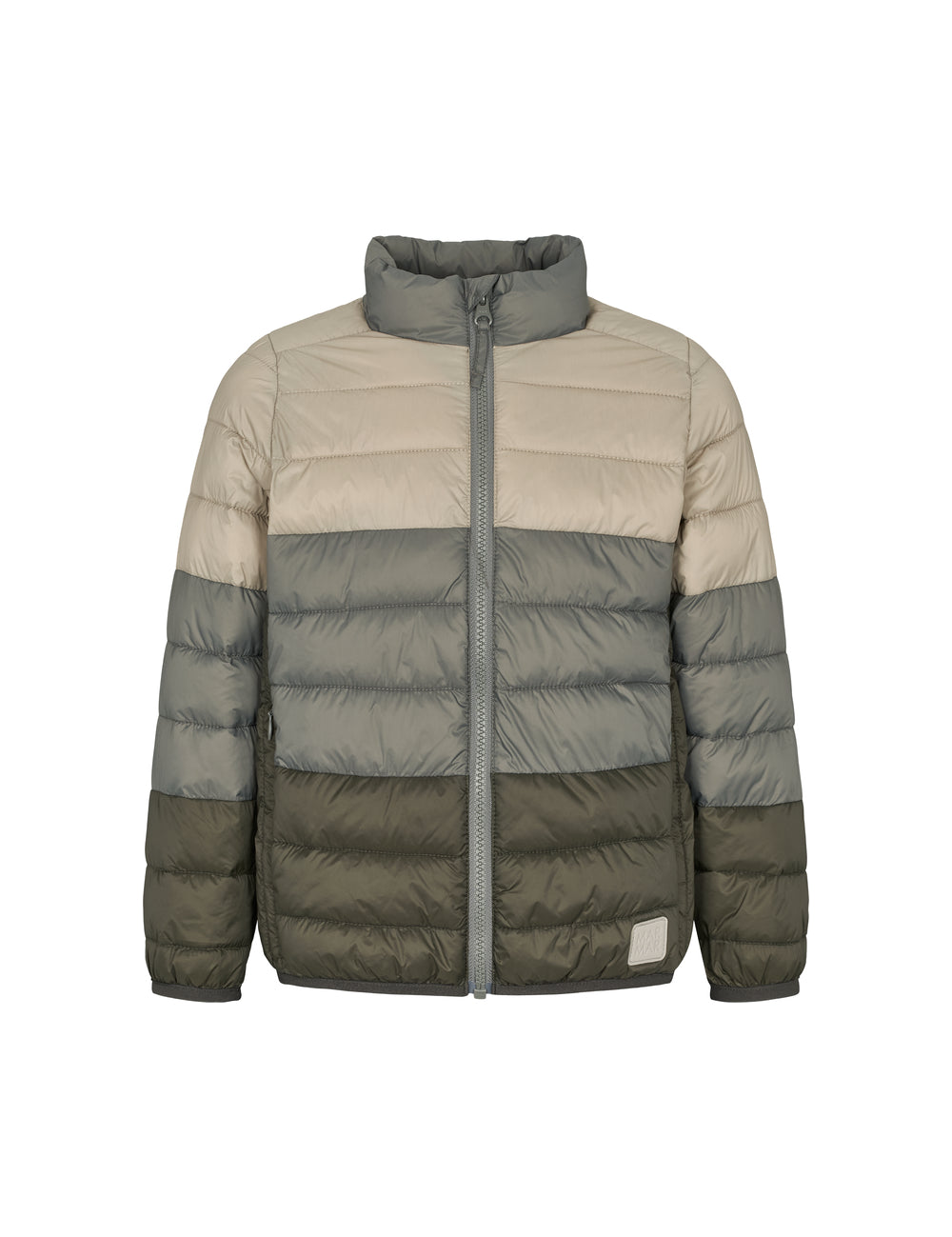 Vatteret jakke til børn i beige og grønne nuancer med lynlås