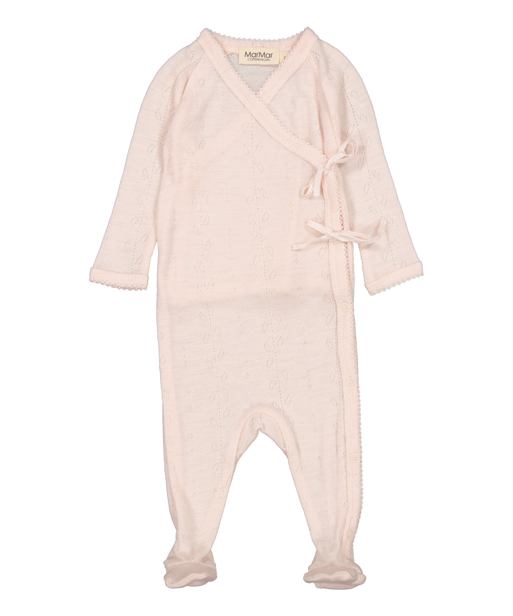 Lyserød heldragt til baby i merinould med slå-om lukning og fødder
