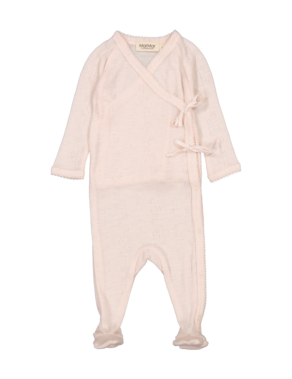 Lyserød holddragt til baby i merino med slå-om lukning og fødder