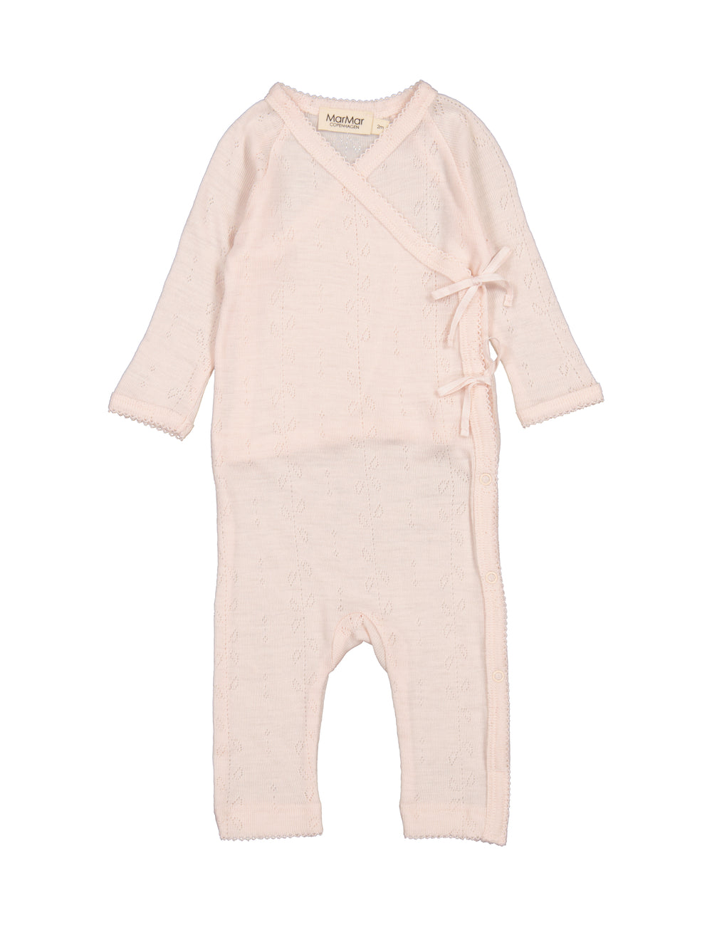 Lyserød heldragt til baby i merino med slå-om lukning