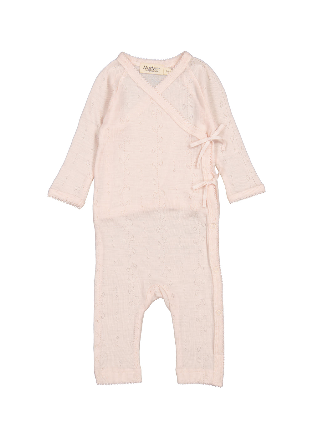 Lyserød heldragt til baby i merinould med slå-om lukning