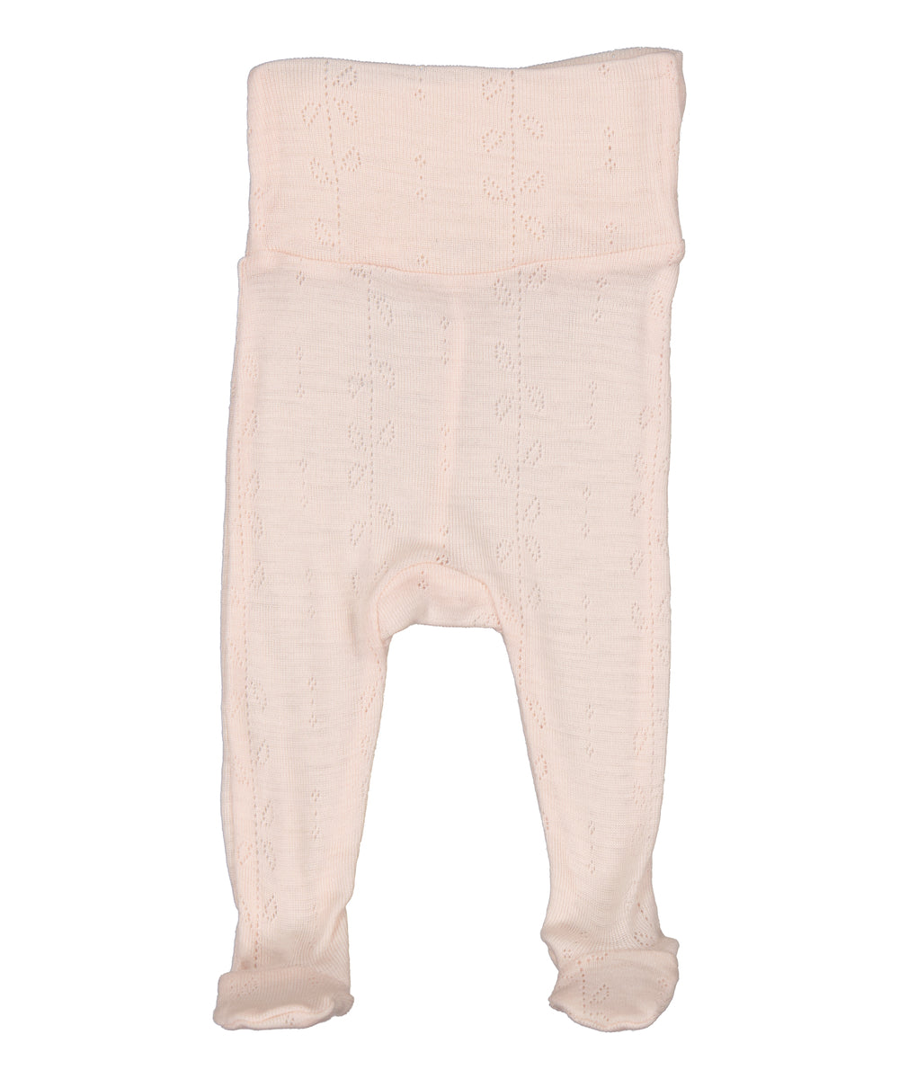 Lyserøde bukser til baby i merinould med fødder og bred ribtalje
