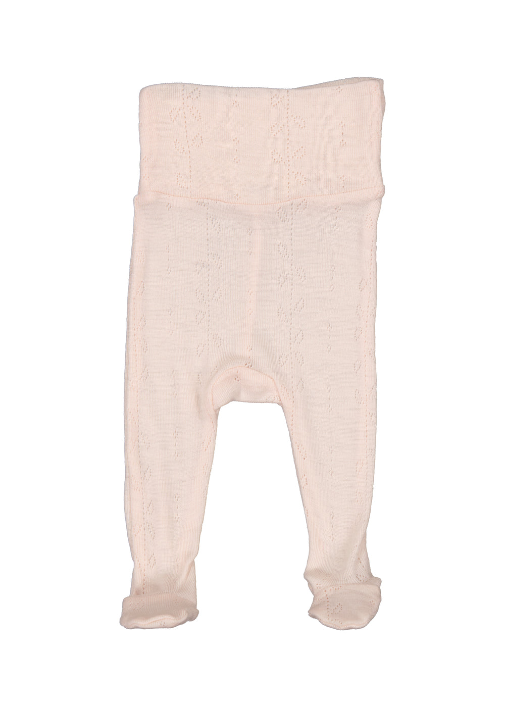 Lyserøde bukser til baby i merinould med fødder og bred ribtalje