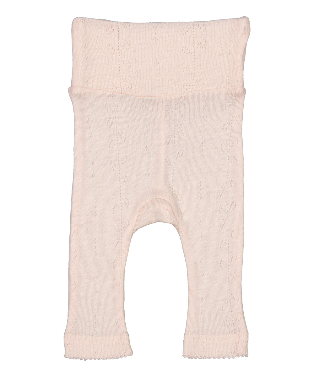 Lyserøde bukser til baby i merinould med bred ribtalje