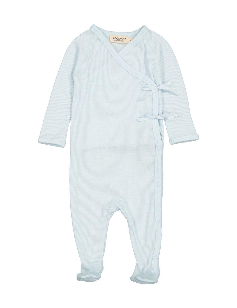 Lyseblå holddragt til baby i merino med slå-om lukning og fødder