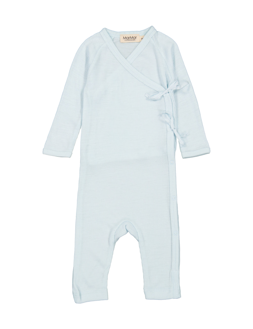 Lyseblå heldragt til baby i merino med slå-om lukning