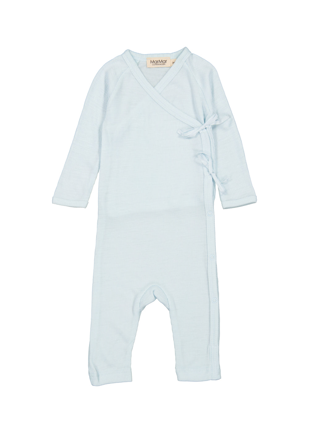 Lyseblå heldragt til baby i merinould med slå-om lukning