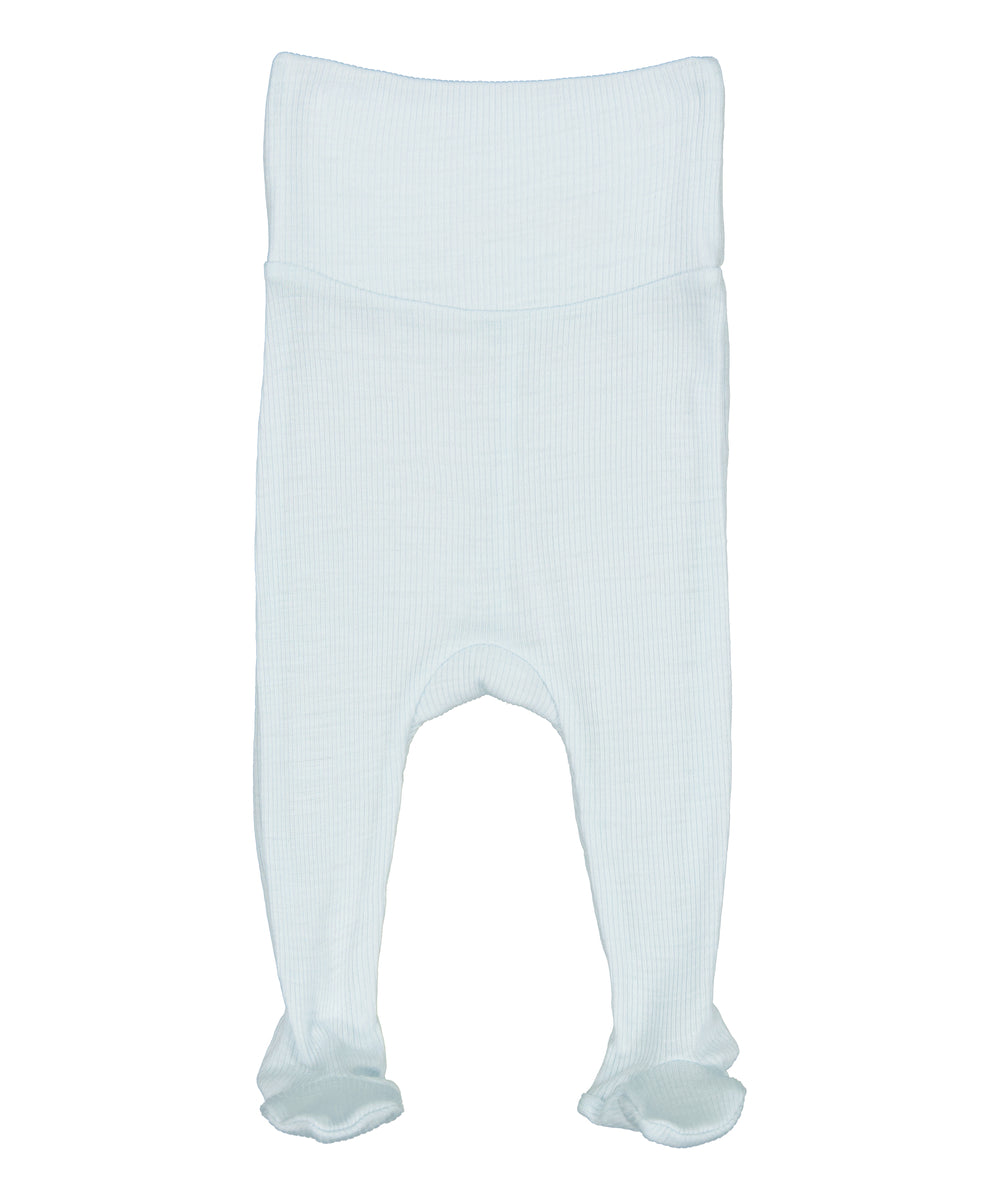 Lyseblå bukser til baby i merinould med fødder og bred ribtalje