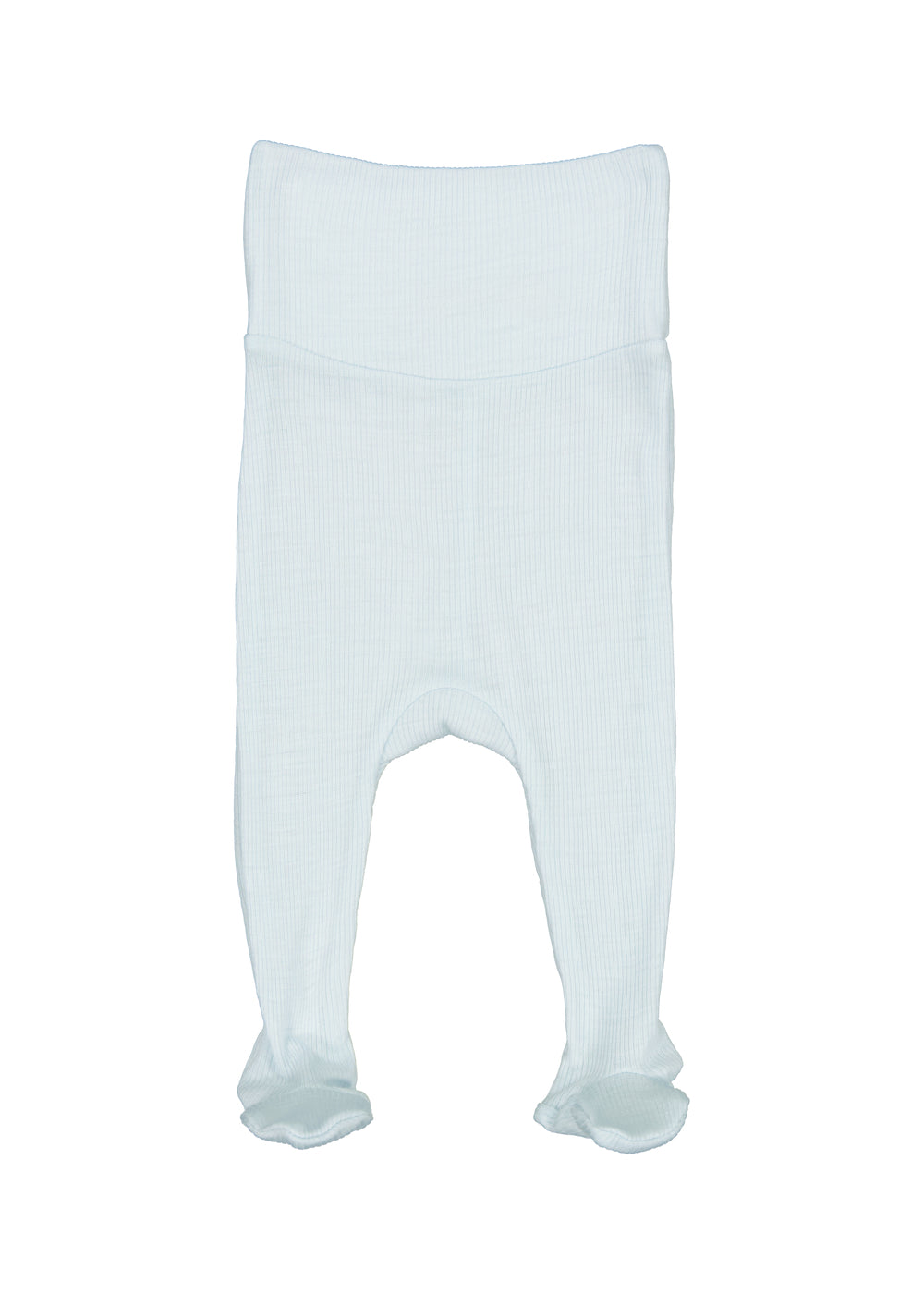Lyseblå bukser til baby i merinould med fødder og bred ribtalje